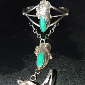 Vintag H Yazzie Sterling Malachite Bracelet w Ring